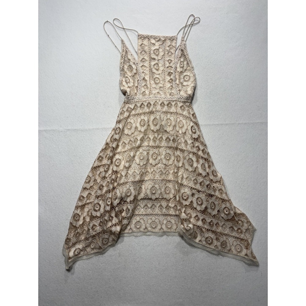 Free People Dress Womens 0 Beige Floral Lace Square Neck Asym Hem Sundress Boho